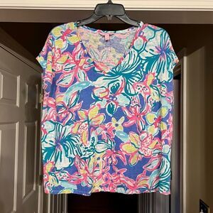 GUC Lilly Pulitzer Hartwell Linen Knit V-Neck Short Sleeve Top Shirt Blouse S/M